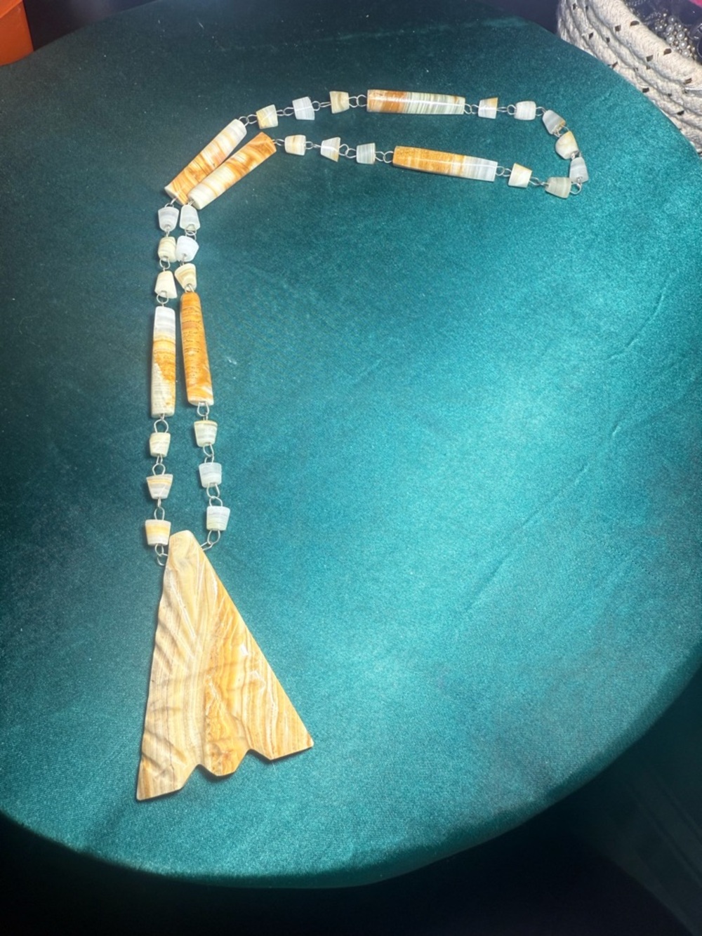 Source Unknown Tan and Cream Carved Stone Pendant Necklace